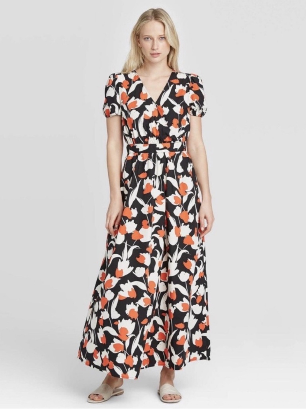 NWOT Who What Wear Floral Short Puff Sleeve Cotton Poplin Vibrant Midi Dress XS